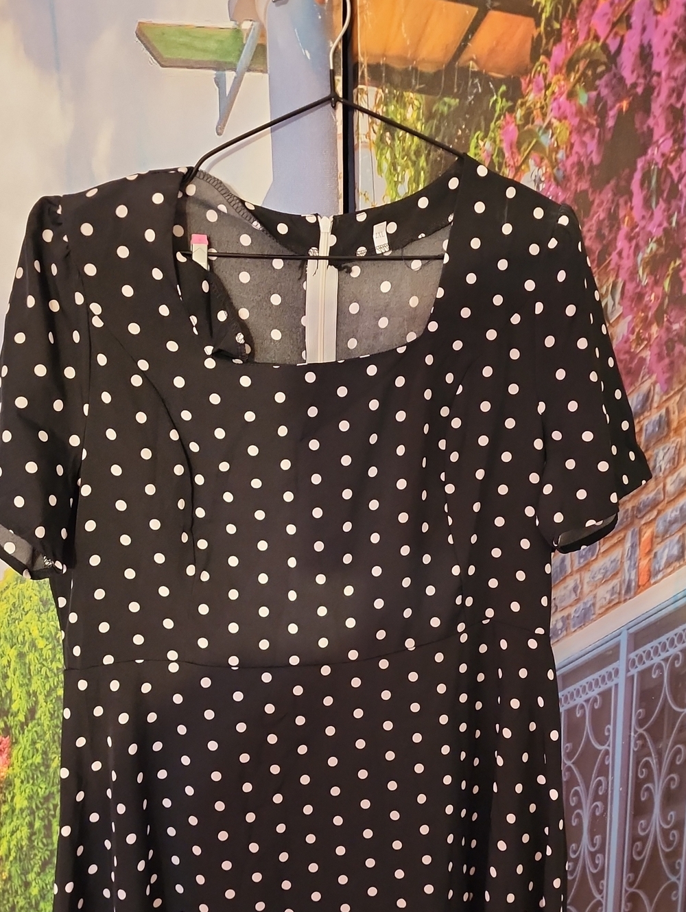 Black Polka Dot Short-Sleeve Tunic with Scoop Neck